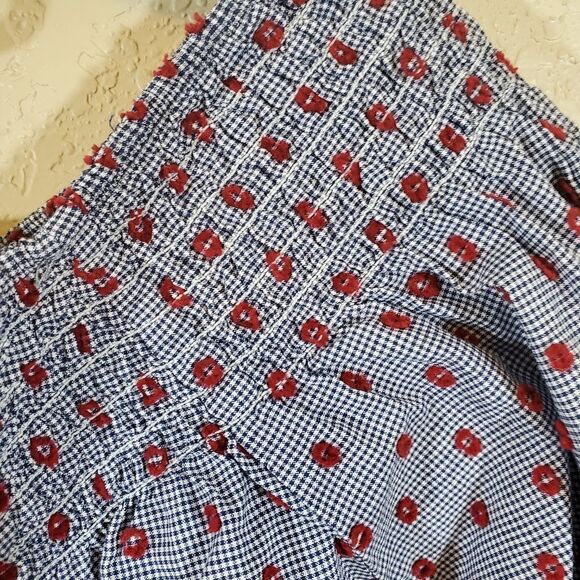 Aqua Off the Shoulder Peasant Gingham Swiss Dot Cotton Summer Picnic Crop Blouse - Picture 5 of 8